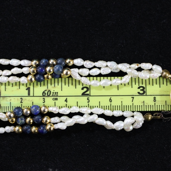 White Seed Pearl Gold Lapis Necklace Bracelet Set - Picture 8 of 8